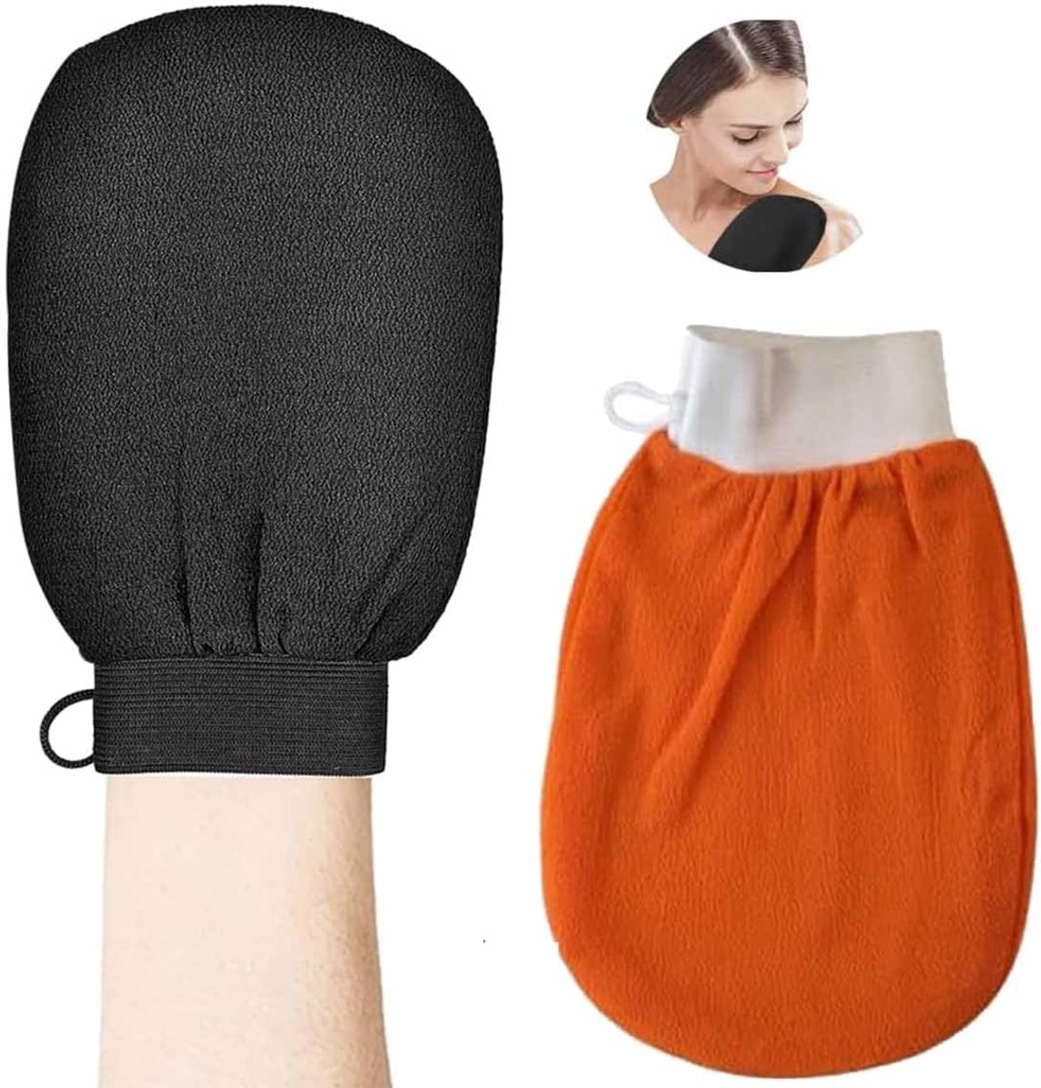 SnelShoppen - Set van 2 Lichaamspeeling Handschoenen, Verwijdert Dode Huidcellen en Hydrateert, 15 x 21 cm, Zwart en Oranje, Voor Mannen en Vrouwen