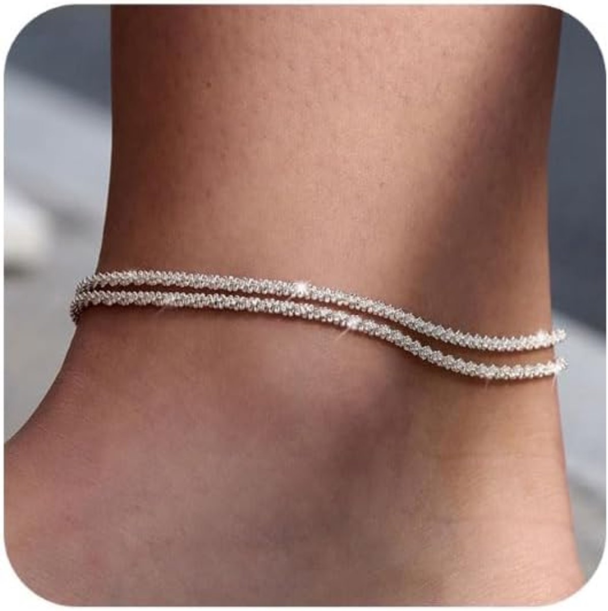 SnelShoppen - Dainty Gelaagde Enkelbanden voor Vrouwen, 925 Sterling Zilver, Verstelbare Anklets Set, Waterdichte Strand Sieraden, Stapelbare Enkelban