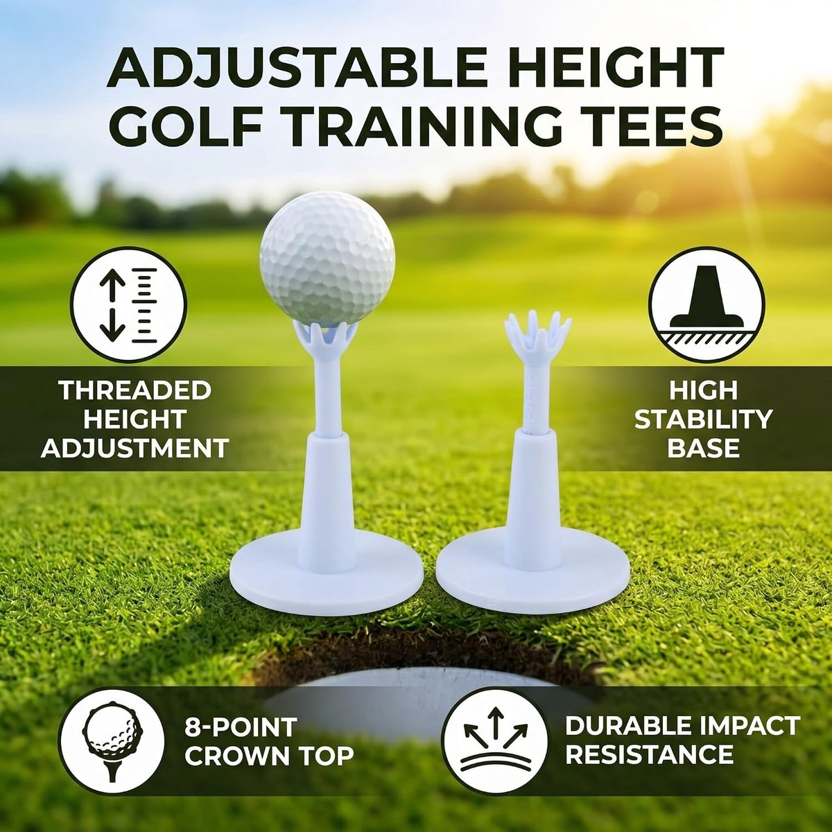 SnelShoppen - 2 Stuks Verstelbare Hoogte Golf Tees, Witte Plastic Houder, Driving Range Turn Lock Rubber, Trainingsaccessoire voor Oefening en Driving
