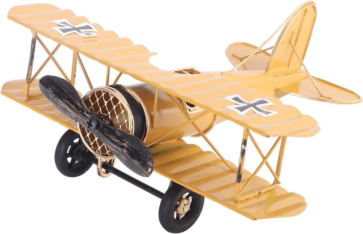 SnelShoppen - Vintage Biplane Model - Retro Vliegtuig Model van Metaal - Stabiele Decoratie voor Huis, Café, Bar - Geel - Unieke Interieuraccessoire