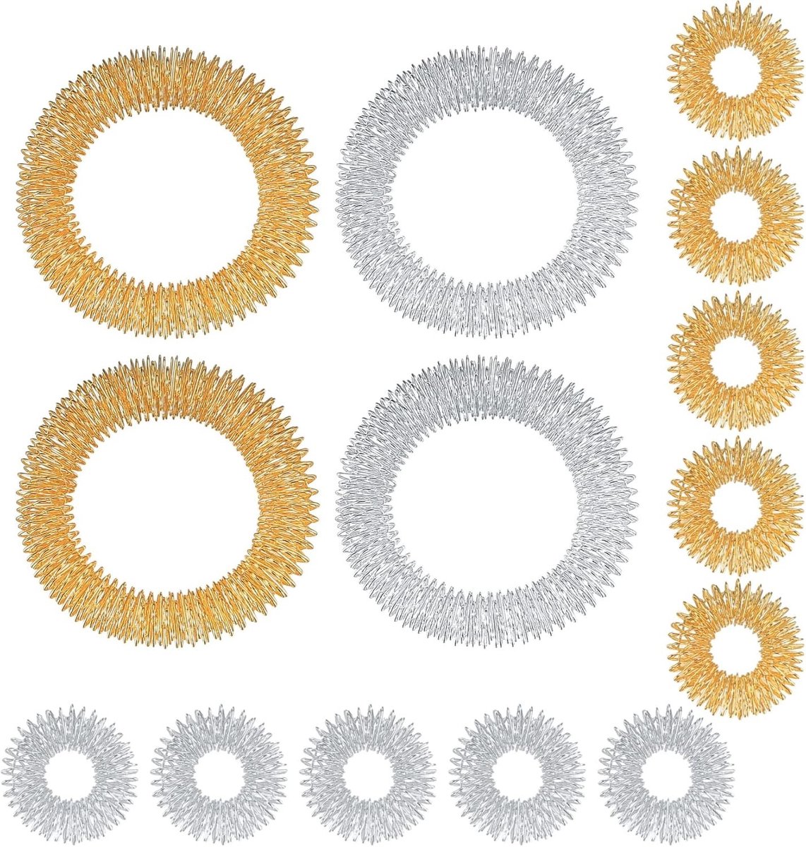 Massage Set met 14 Stuks, Finger Massagers en Acupressure Ringen voor Stressverlichting en Ontspanning van Pols en Vingers - Goud en Zilver