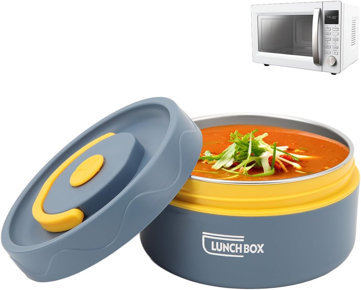 SnelShoppen - 420ml Hot Food Lunch Container, Bento Lunch Box, 304 RVS Dubbel Laags Thermo Voedselcontainer, Rond, Geschikt voor Magnetron - Blauw