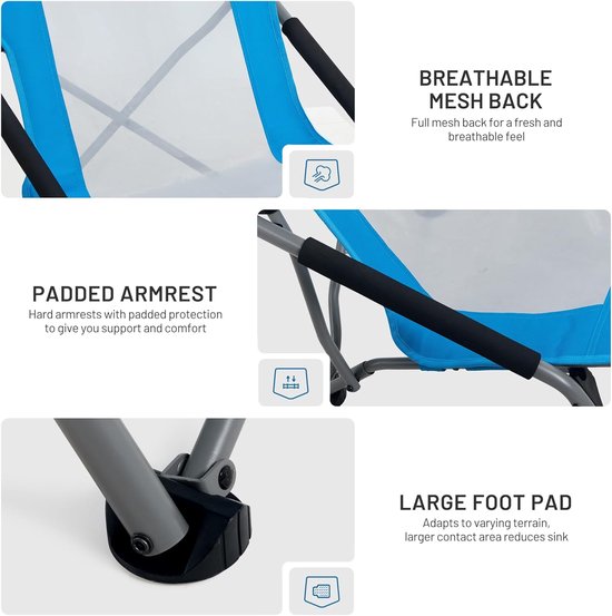 Strandstoel Klapbaar - Campingstoel Lichtgewicht - Ontspannen Buiten - Hoge Rugleuning Mesh - 135 kg Draagkracht - Blauw — afbeelding 5