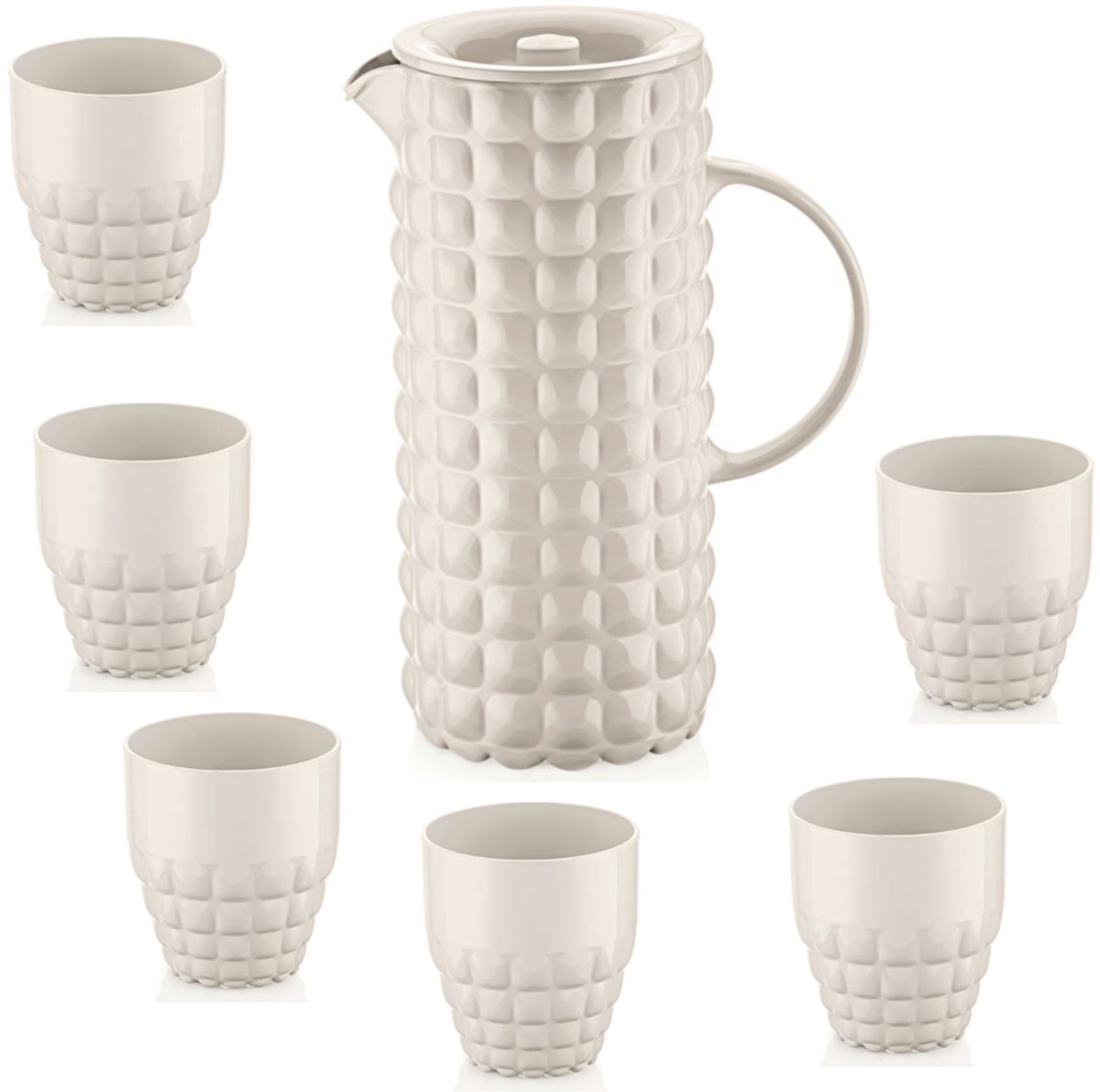 Guzzini Tiffany Tafelset 7-delig – Karaf & 6 Lage Glazen – Kunststof, Melkwit – Voor Tafel, Terras & Buiten – Vaatwasserbestendig & BPA-vrij – Made in Italy