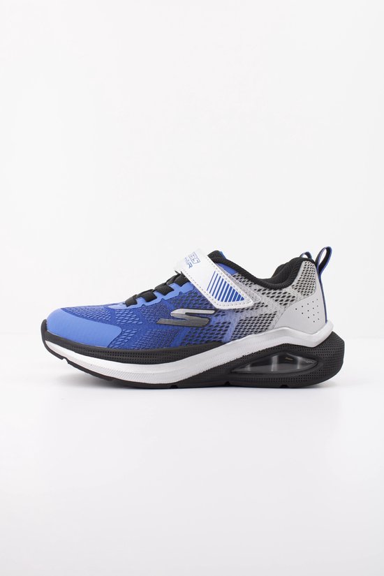 Blauwe Skechers sneaker met klittenbandsluiting, zwarte veters en een luchtzool.