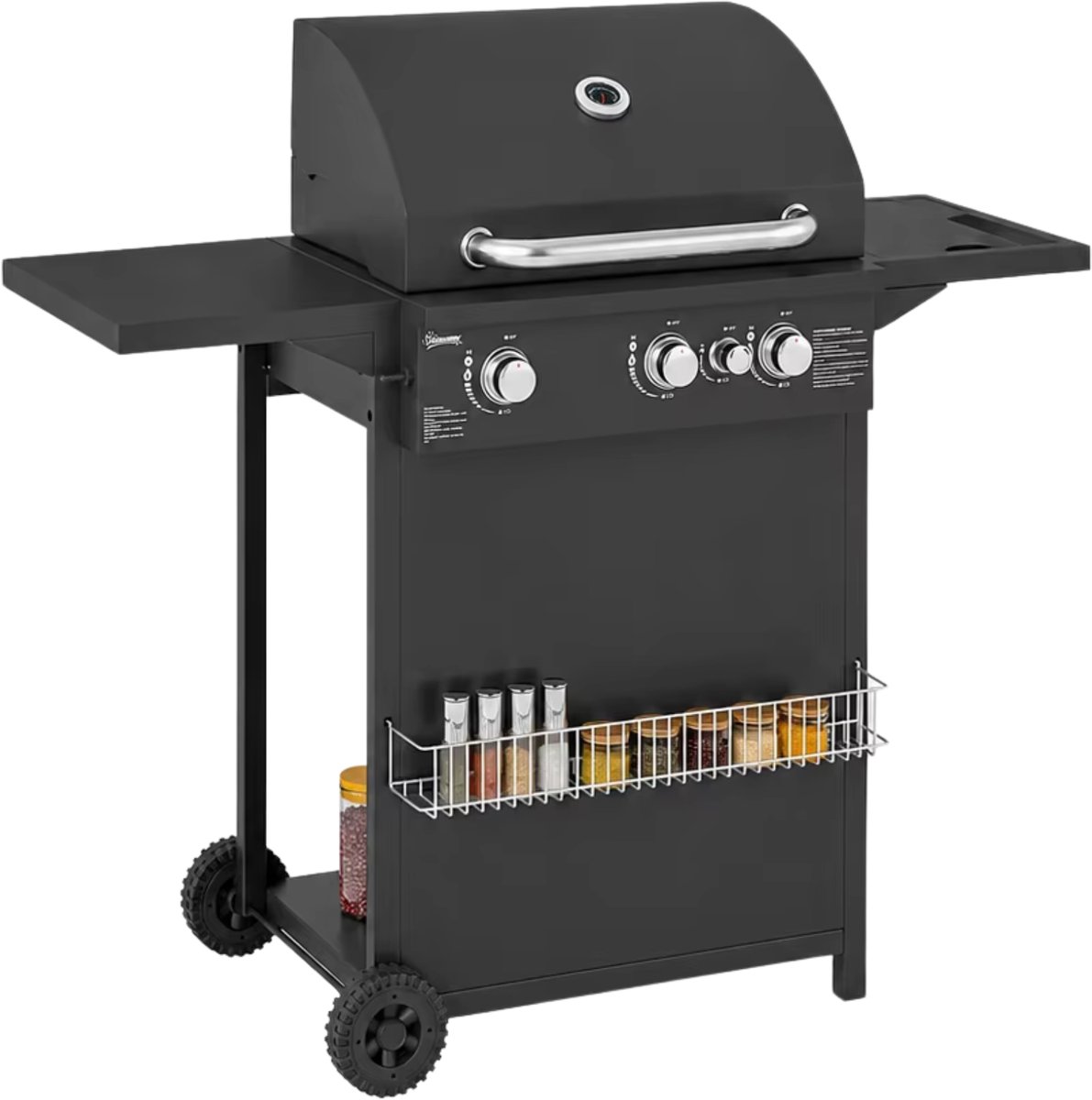 Gasbarbecue 3+1 Branders Zwart – Staal - 9,5 KW met Zijplanken, Warmhoudrek & Thermometer