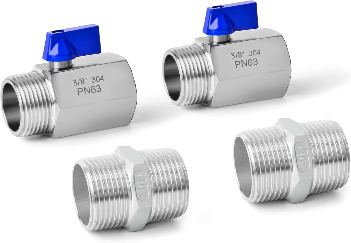 SnelShoppen - 2x 3/8" Kogelklep met 2x 3/8" Hex Nippel Verbinder, RVS 304, Heavy Duty, Voor Water- en Gasleidingen, Duurzaam en Betrouwbaar