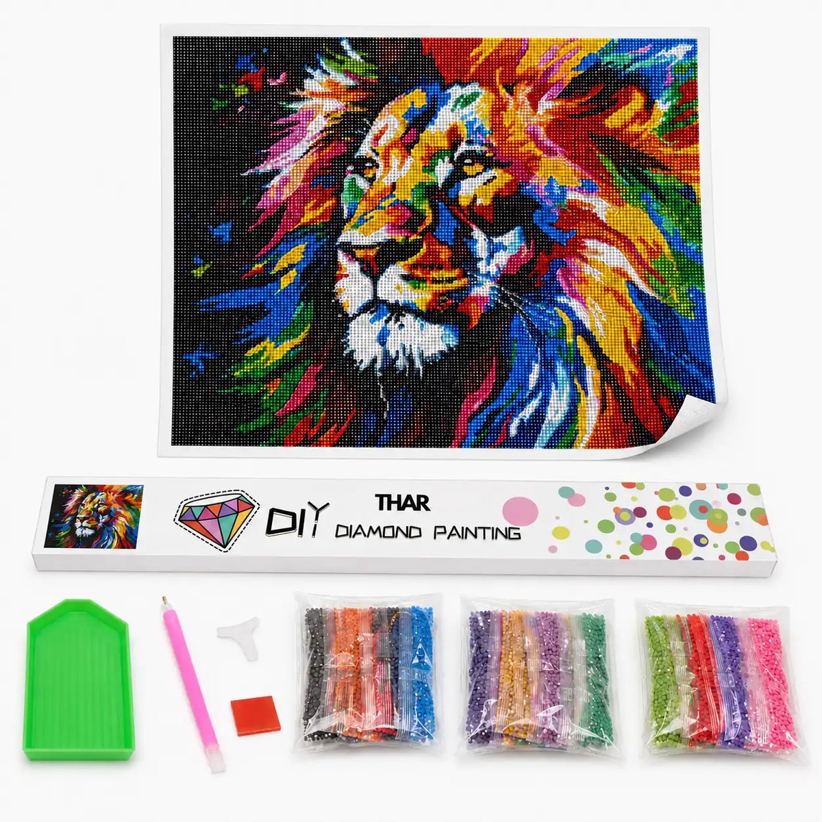 THAR Diamond Painting Kleurrijke Leeuw - 40x50 cm - Ronde Steentjes