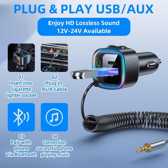 Bluetooth Ontvanger voor Auto - Zwart - 5,4 mm AUX - Snellader met 42 W - Voor Smartphone en Auto — afbeelding 3