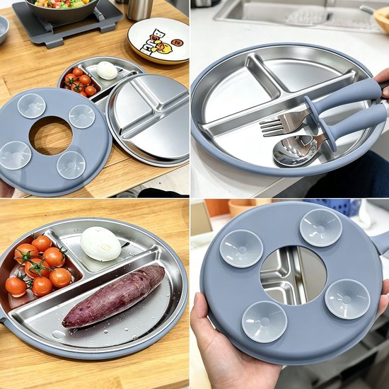 Grijze kinderborden en -schalen van roestvrij staal met zuignappen, met eten: tomaatjes, ei, zoete aardappel.
