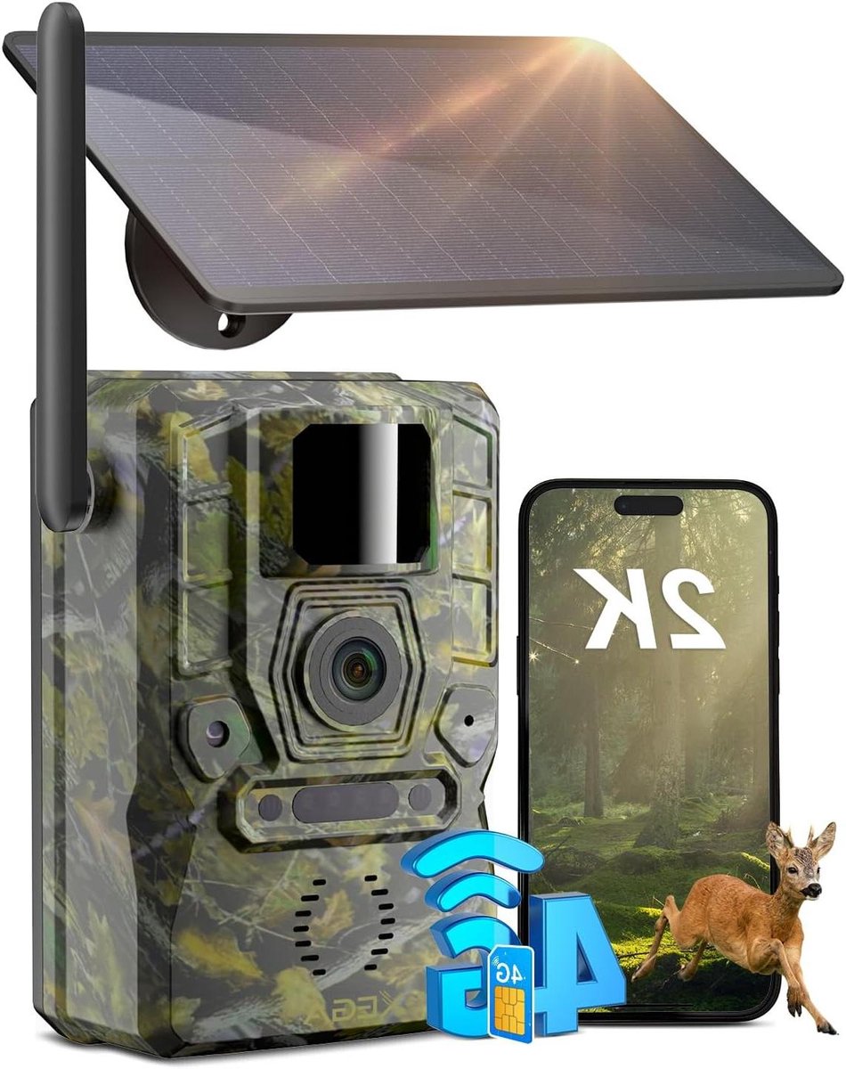 4G LTE Wildcamera - Buiten Camera - Natuurlijk Leven Observeren - Zonne-energie Werking - 2K Resolutie - Camouflage