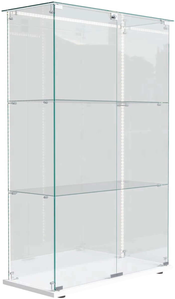 Glazen Vitrinekast Wit / Zwart - Displaykast met LED Verlichting, Slot, 2 Deuren, Glazen Planken