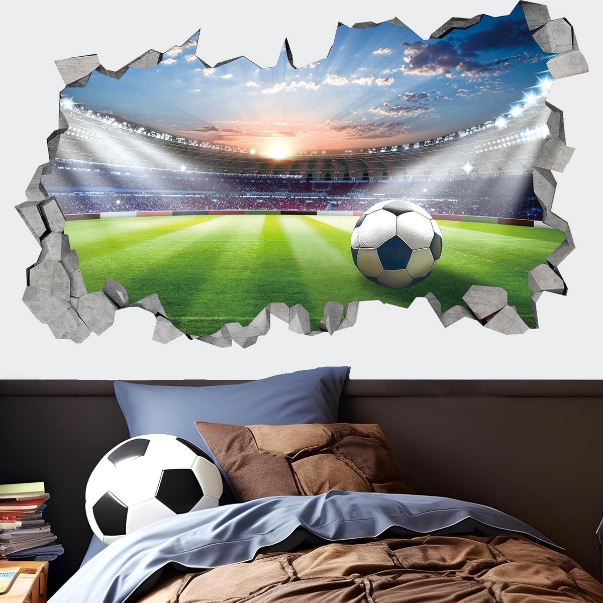 SnelShoppen - Grote 3D Muursticker Voetbalstadion voor Jongens Slaapkamer, Voetbal Muurstickers voor Kinderen, Voetbalspeler Muurstickers voor Kinderk