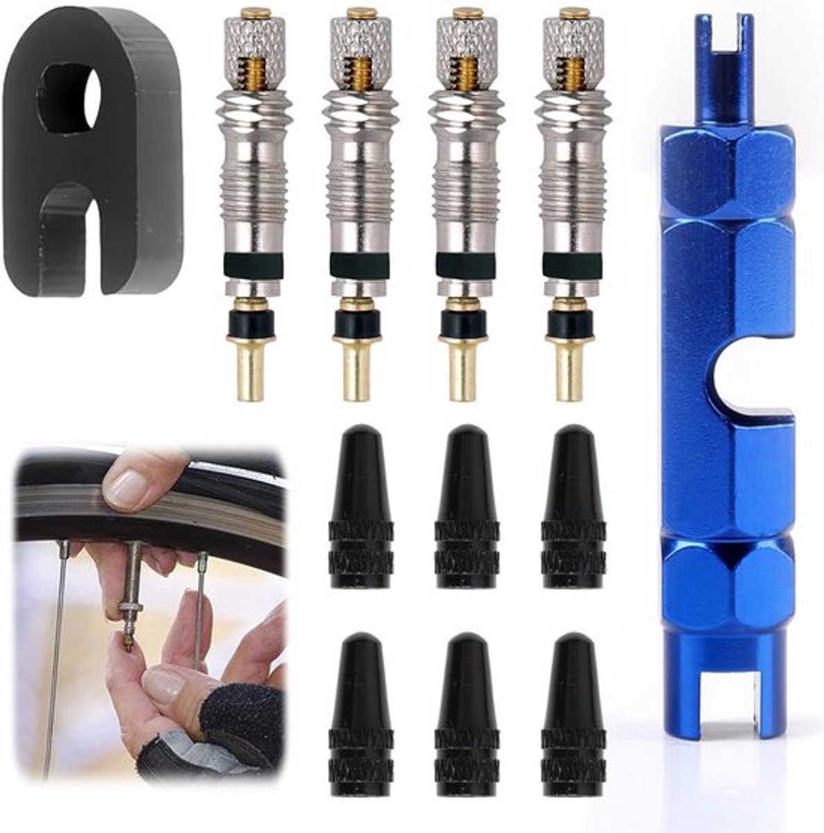 Complete set van 12 tubeless MTB ventielen met Presta ventielkernen, demontagetools en pompadapters voor fietsen - ideale oplossing voor snel herstel en onderhoud