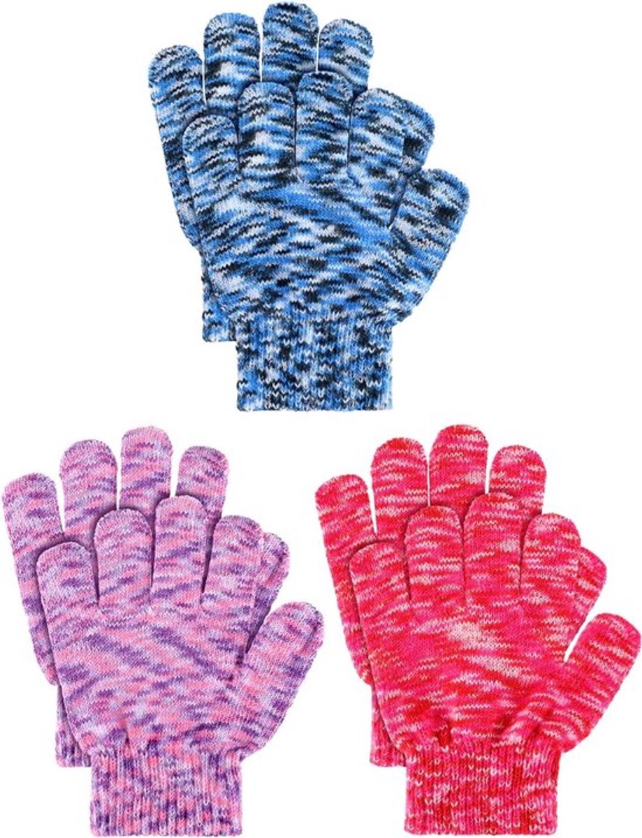 Warme Kindermutsen met Elastische Handschoenen - 3 Paar Gebreide Winterwantjes in Rood, Blauw en Paars voor Kinderen