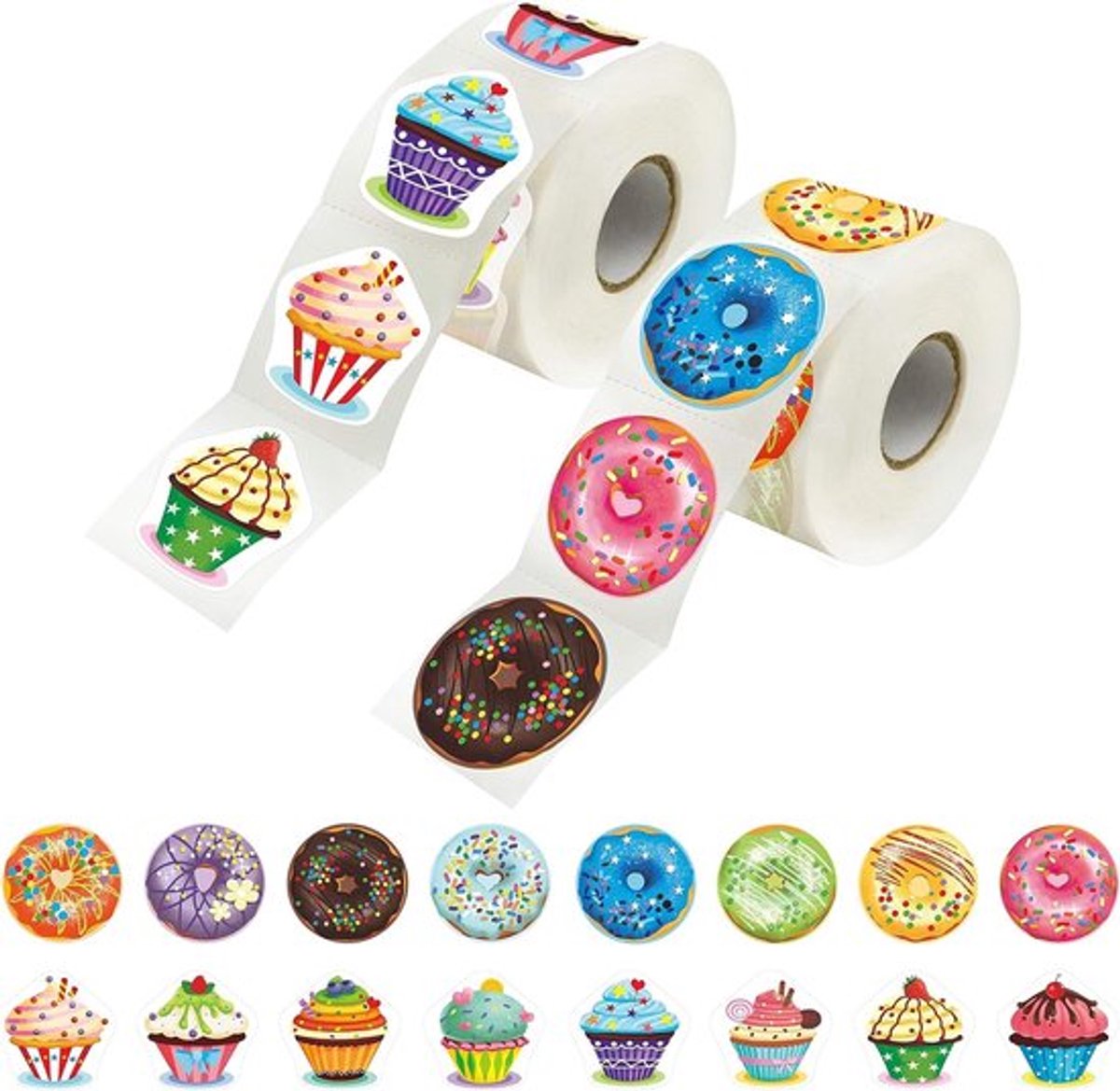 600 stuks feestdecoratie stickers voor cupcakes en donuts - Leuke beloningen voor leraren, stimulerende en motiverende ontwerpen, 16 varianten met perforatielijn (1,5 inch diameter)