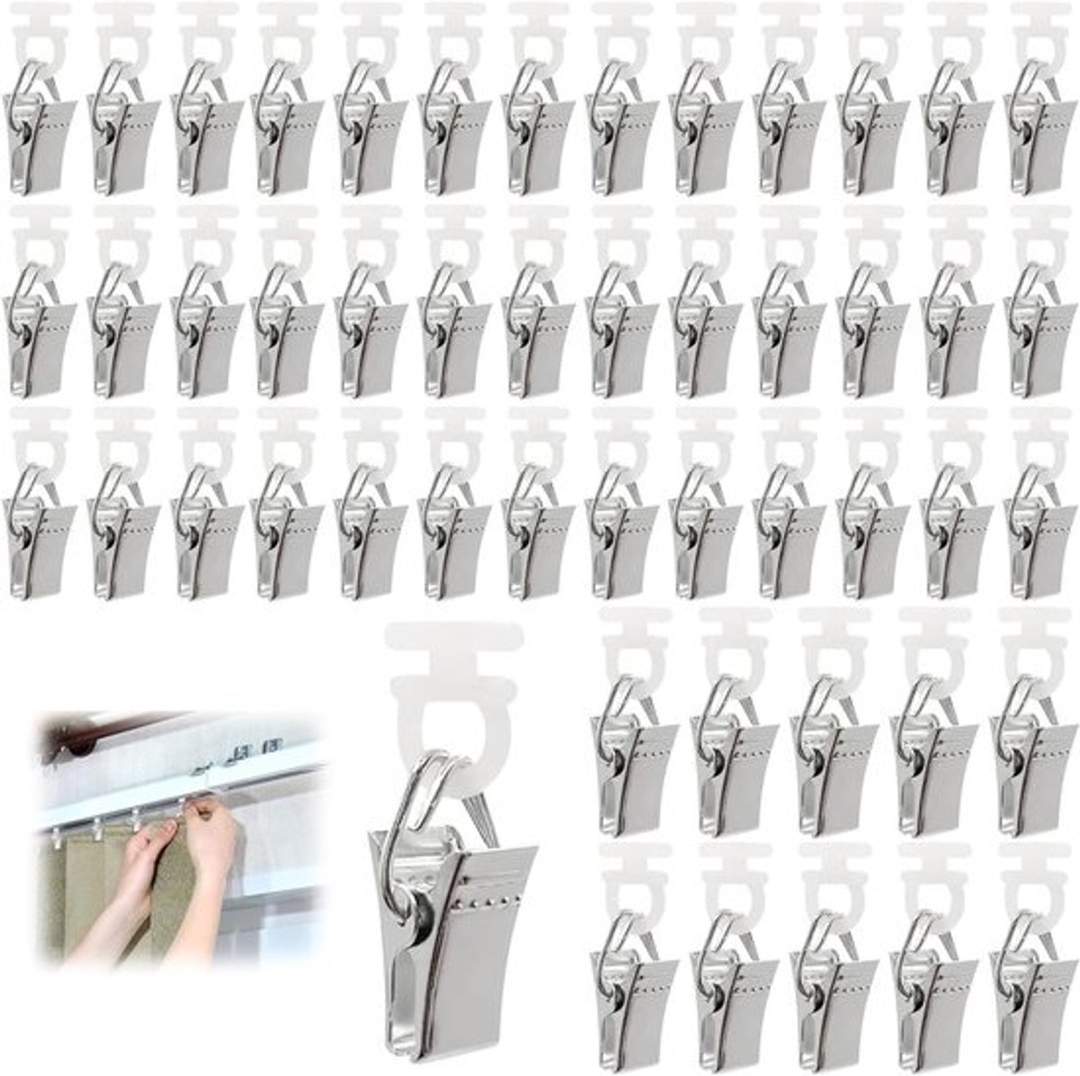 Duurzame gordijnclips met haken - 50 stuks roestvrijstalen clips voor gordijnen, foto's en decoraties, zilverkleurig