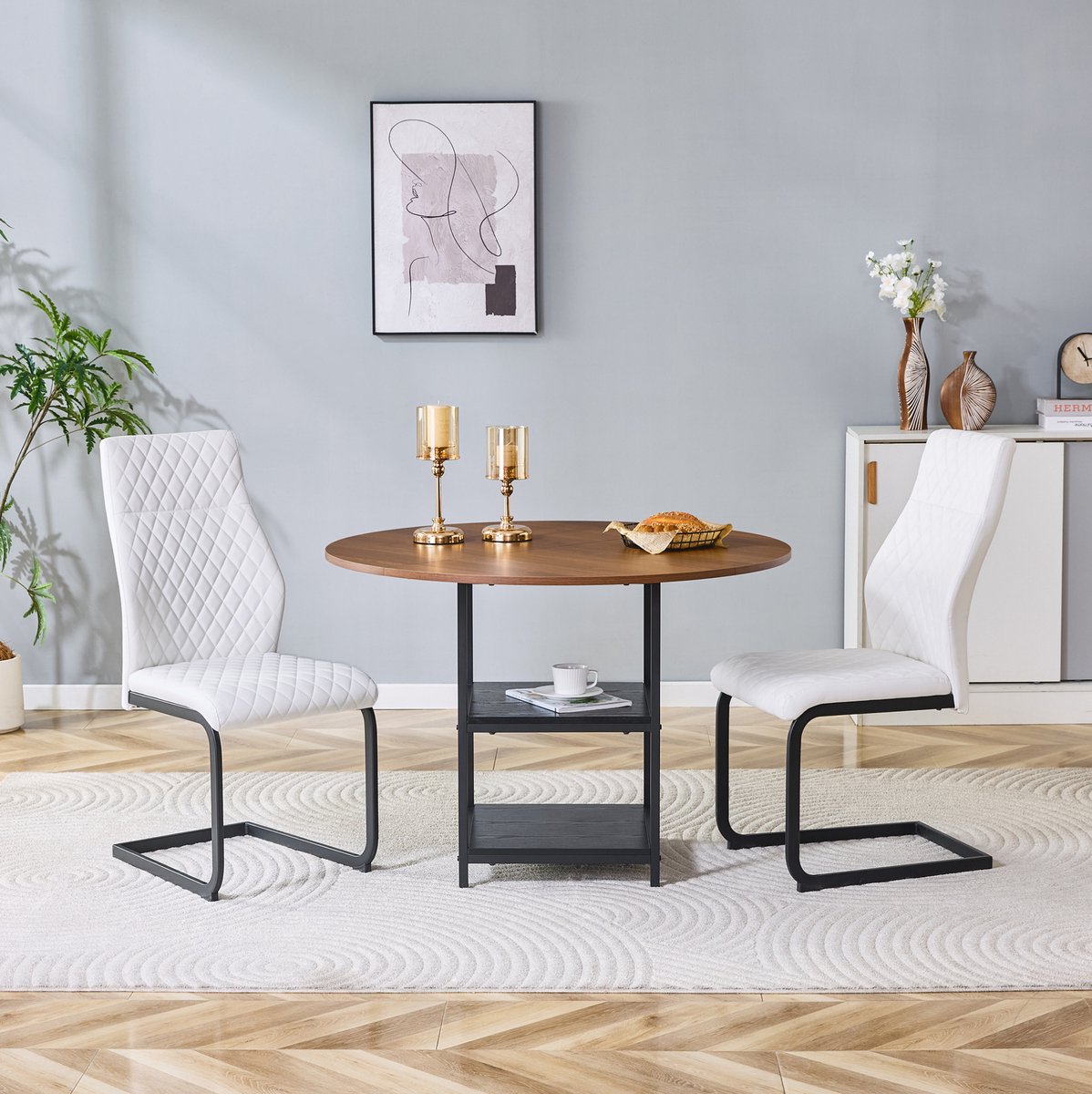 REDOM - Set tafel en stoelen - Ronde eettafel van 107 cm voor 2 personen - Dubbele open opbergniveaus - Industriële stijl - Eetkamer en kleine ruimtes - MDF en metaal - Walnoot, wit en zwart - 107 x 75 cm