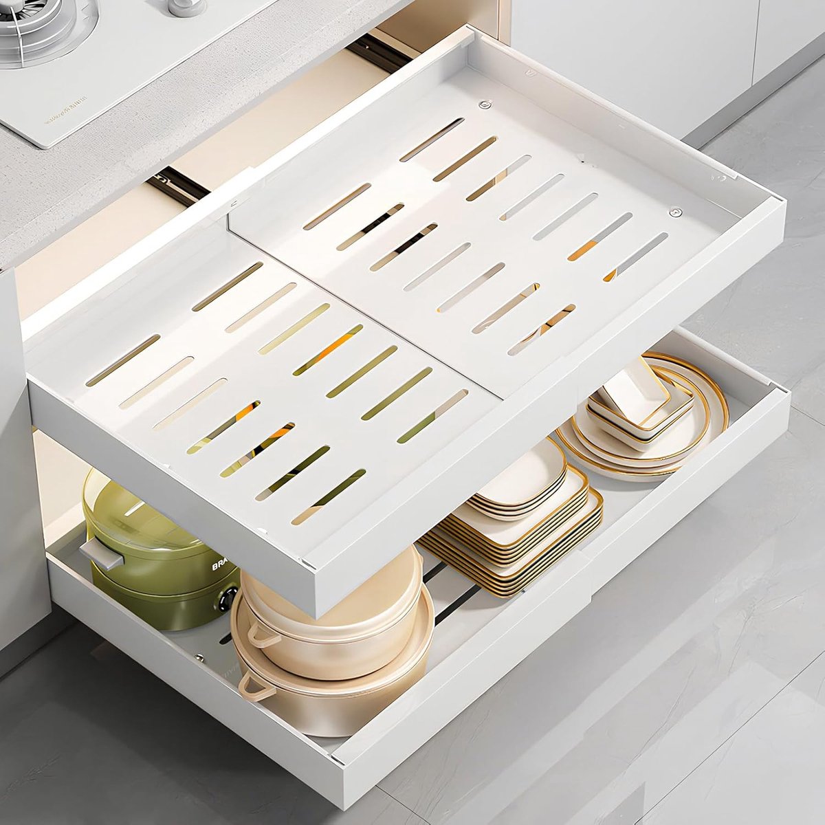 SnelShoppen - 2 Pcs Uittrekbare Lades met Lijm Keuken Organiser, Verstelbare Breedte 32-52cm, Wit, Ideaal voor Keuken en Badkamer