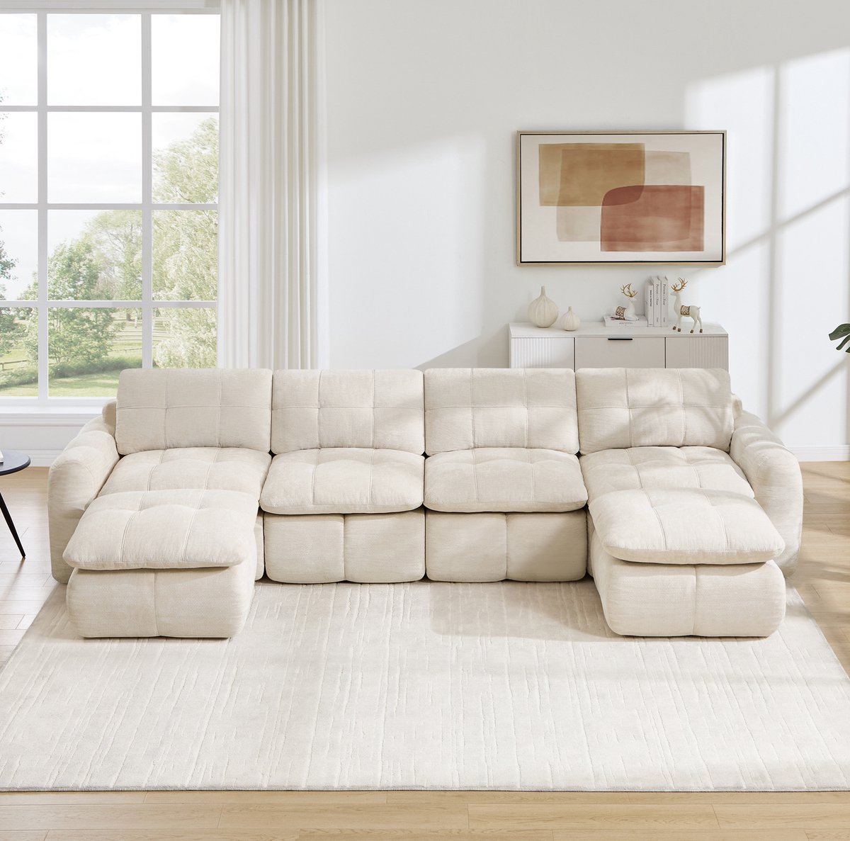 FloraGrace U-bank 4-zits Met 2 Ottomanen Karostepp Motief Brede Diepe Zittingen Voor Woonkamer En Appartement Chenille Beige