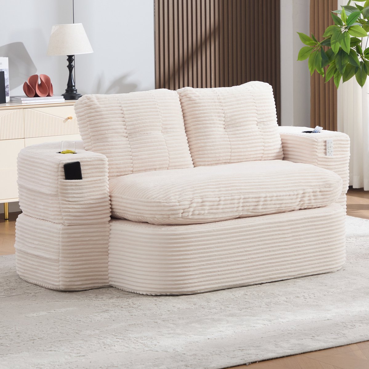 MIVRAY Fauteuil 165 Cm - 2 In 1 Relax Fauteuil Met Ligfunctie En Verstelbare Armleuningen - Voor Woonkamer En Slaapkamer - Cord Beige
