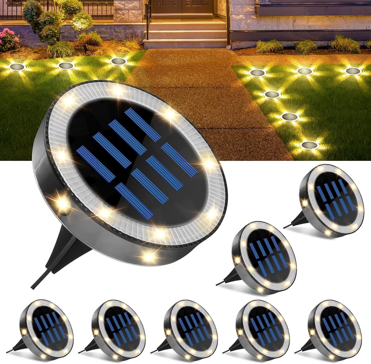 SnelShoppen - Outdoor Solar Lights Set van 8, 6 LEDs, Waterdichte Tuinlampen IP44, LED Solar Lamp voor Tuin, Oprit, Trapverlichting, Buitenverlichting