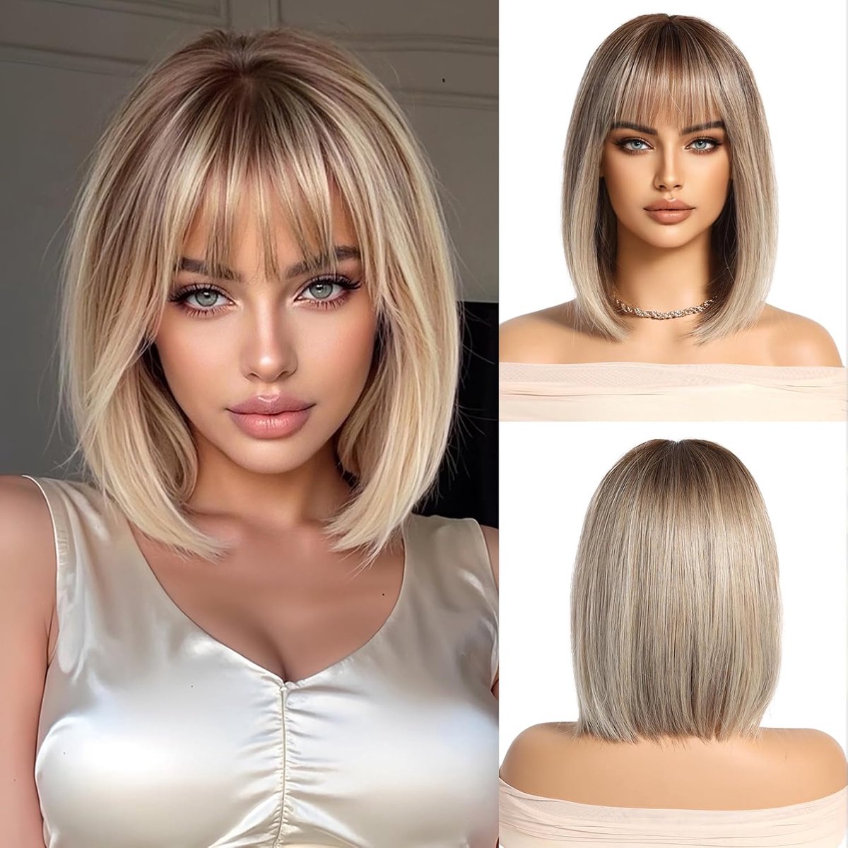 SnelShoppen - Blonde Synthetische Haar Korte Bob Rechte Vlecht met Pony voor Dames, Feest, Dagelijks Gebruik, Warmtebestendig Japans Kanekalon, Natuur