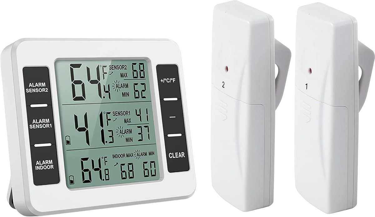 Draadloze Digitale Koelkastthermometer - Wit - Met Akoestisch Alarm en 2 Sensoren - Voor Voedselveiligheid
