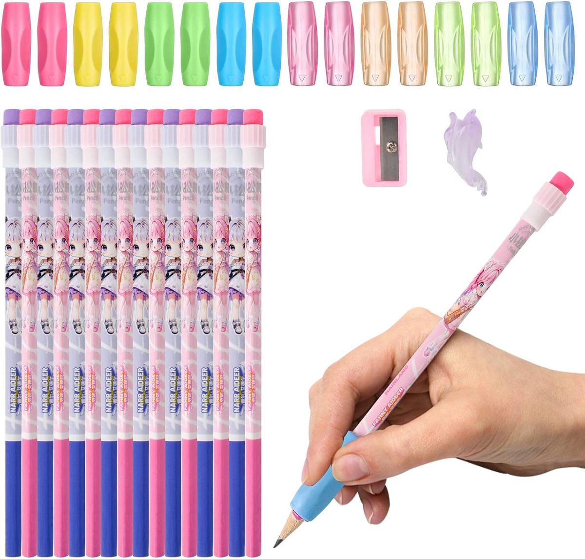 Pencil houders 16 stuks - Siliconen handvatten - 8 kleuren - Verbeter handschrift - ShopVlot