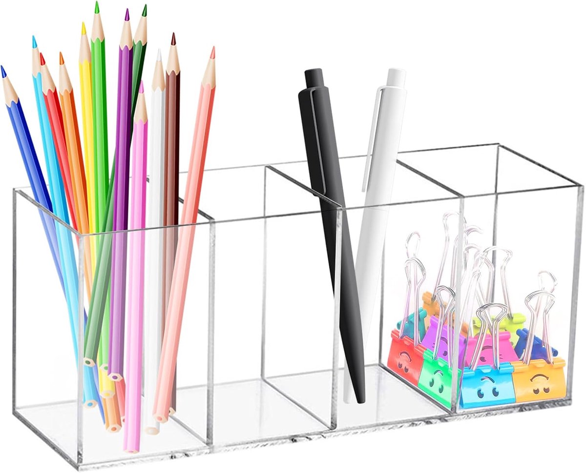 SnelShoppen - 4 Compartimenten Acryl Penhouder, Doorzichtige Potloodhouder, Cosmetische Borstelhouder, Stationaire Organizer voor Kantoor School Thuis