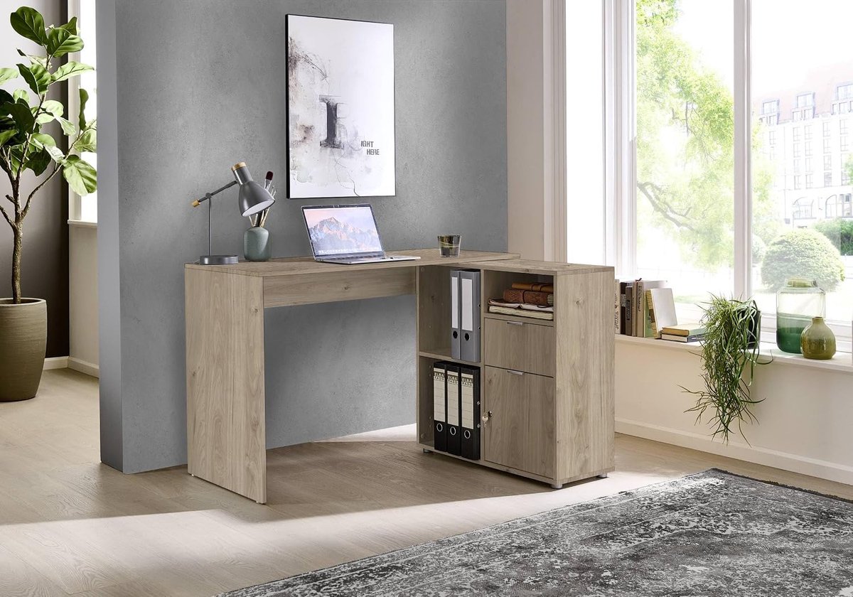 SnelShoppen - Hoekbureau Leni, L-vormig Computer Bureau met Opbergruimte, Jackson Hickory Eiken, Perfect voor Thuiswerk en Kleine Ruimtes