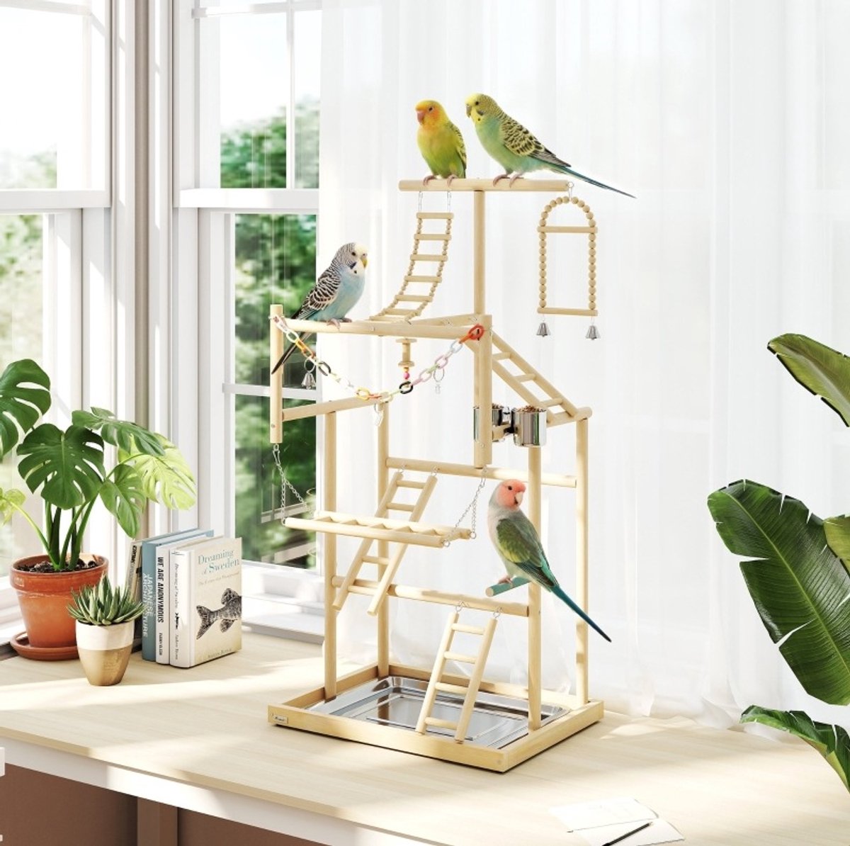 REDOM - Vogelkooistandaard - 4 niveaus - Met ladder, schommel, zitstokken en accessoires - Hout en RVS bak - Voor papegaaien, parkieten en vinken - 48 x 38 x 95 cm