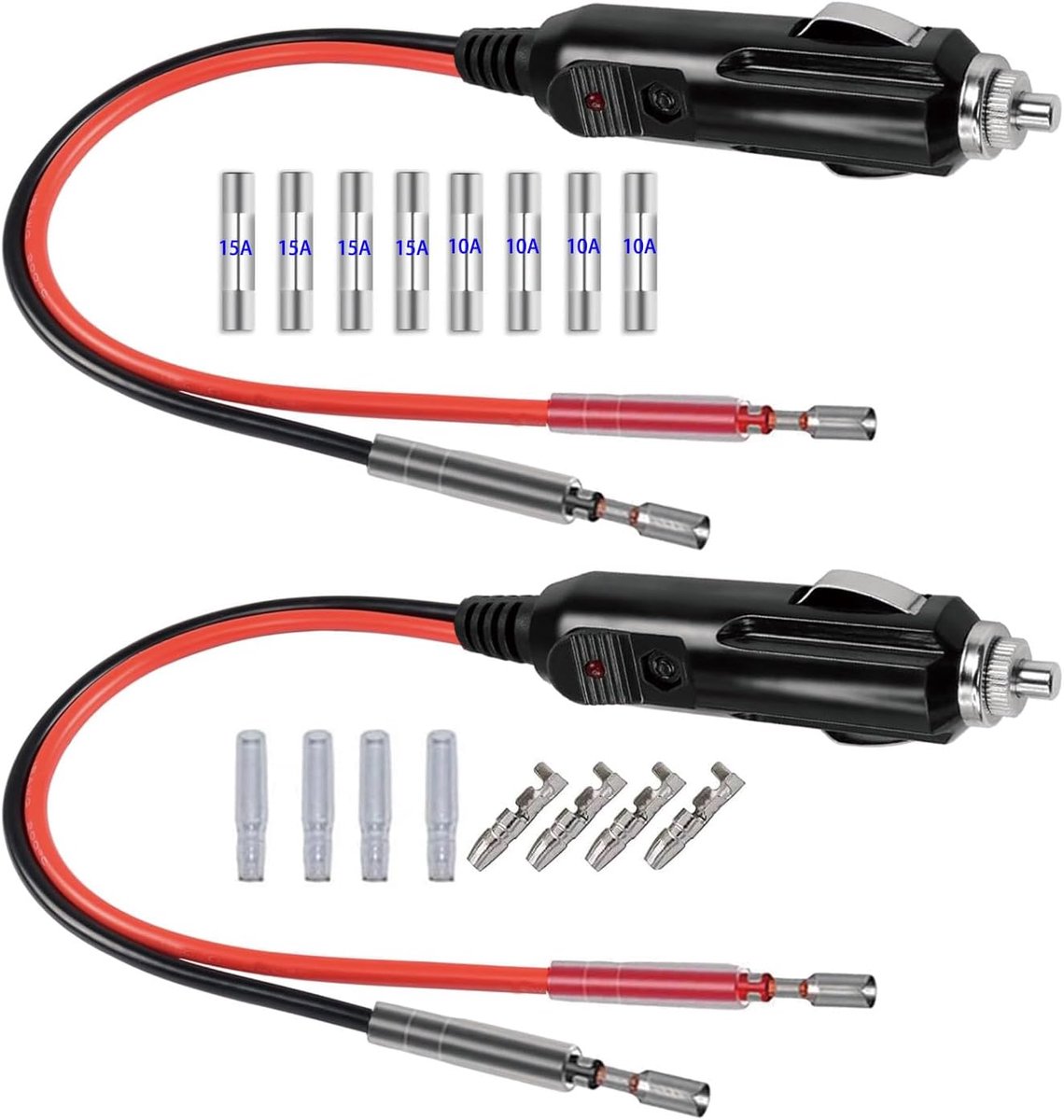 GTIWUNG 2pcs cigarette lighter plugs with different lengths of red and black cables, 12V car plug with 8pcs 10A/15A - ShopVlot