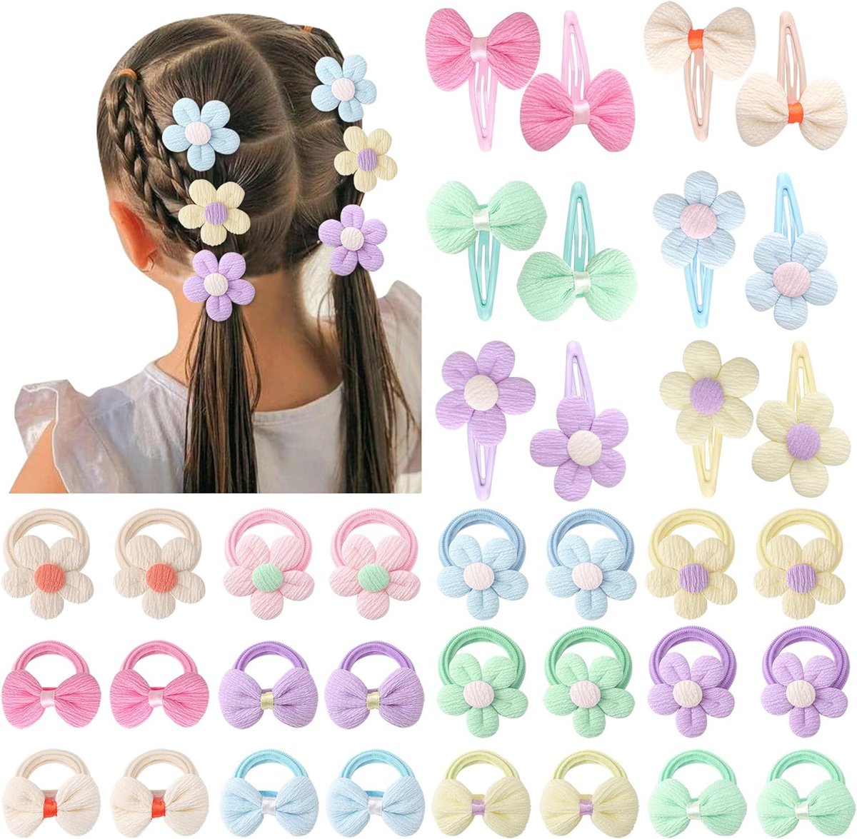 SnelShoppen - Haaraccessoires voor Peuters - Zachte Naadloze Strikken en Bloemen Haarclips - Elastische Paardenstaart Houder - Voor Kleine Meisjes en