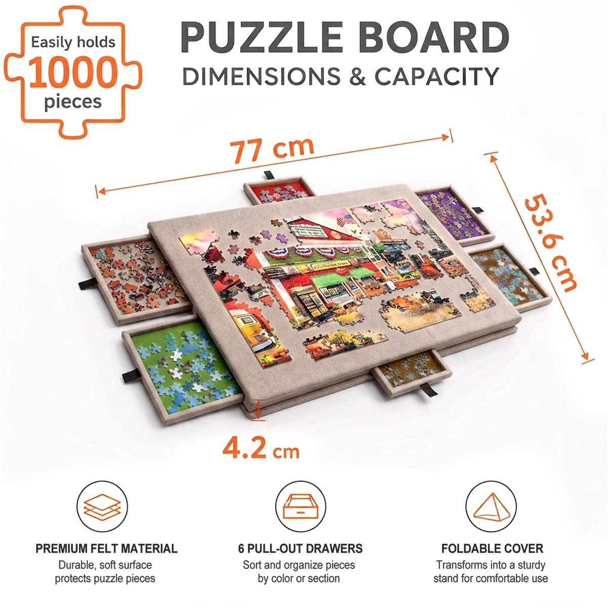 SnelShoppen - 2-in-1 puzzelplank voor 1000 stukjes, inklapbare puzzeltafel van vilt met 6 laden, draagbare puzzelmap voor het opbergen (donkerbruin)