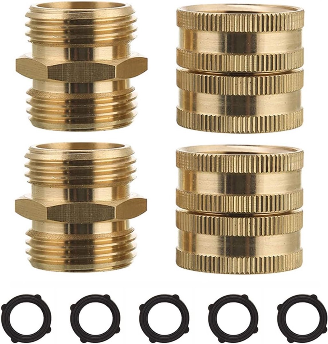 SnelShoppen - 4-delige tuinslangadapterset met 4 ringen, messing verbindingsstukken, dubbele mannelijke en vrouwelijke aansluitingen, 3/4 inch, ideaal