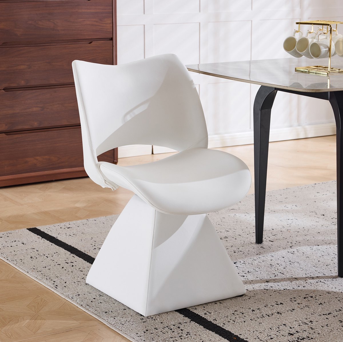 REDOM - Eetkamerstoel - Draaibaar - Hoog rugleuning - Geometrisch design - Voor eetkamer, thuiswerkplek en woonkamer - Kunstleer - Hout - Wit - 82 x 50 x 54 cm