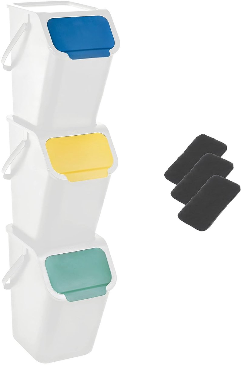SnelShoppen - Set van 3 Vuilnisemmers 25L met Deksel, Afvalscheidingssysteem Keuken, 3 Kleurenset, Biokoolfilter en Stapelbox, Afvalbak voor Thuis, Af