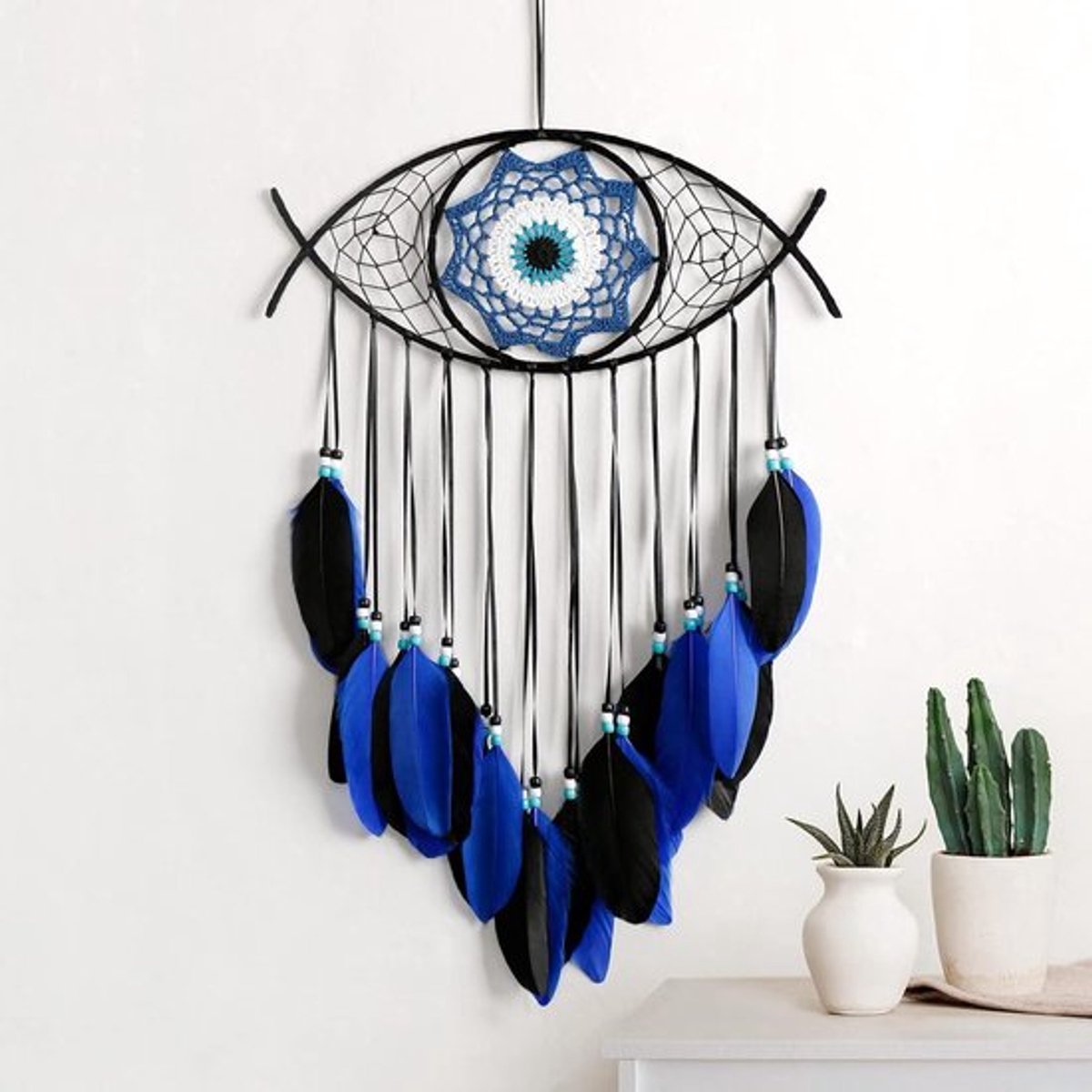 Handgeweven blauwe macramé dromenvanger met boze oog, wanddecoratie voor kinderen, Halloween en kerstcadeau, geluk en bescherming