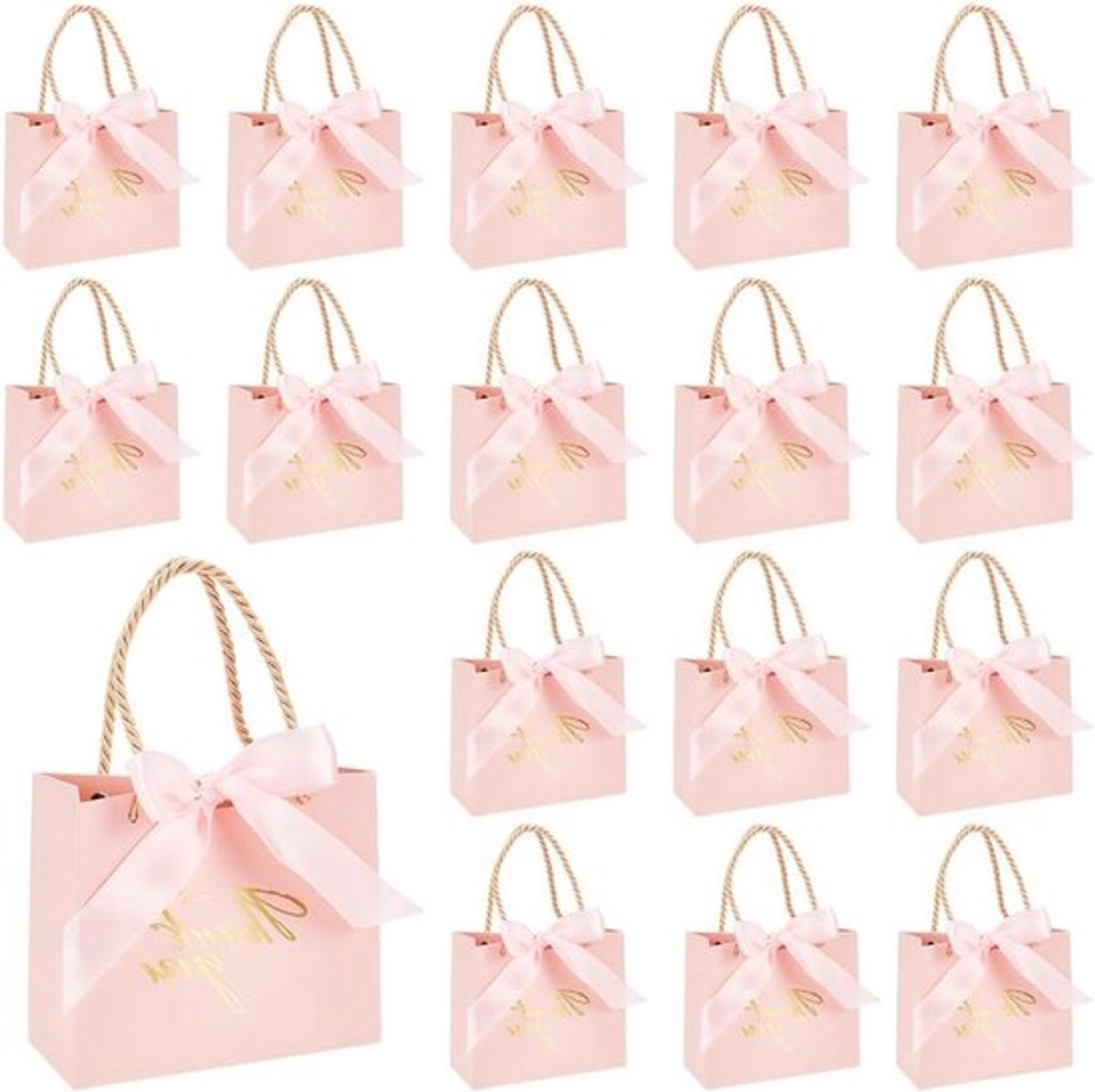 24 Stuks Bedank Geschenktassen, 14x12x6cm Papieren Tassen met Hot Stamping en Lint voor Bruiloften, Verjaardagen en Zakelijk Gebruik, Roze Geschenken