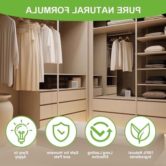 Kast met kleding, op de onderste plank vier pictogrammen: gloeilamp, schild, circulaire pijl, blad. Tekst: "100% natuurlijke ingrediënten", "Langdurig effectief", "Veilig voor mens en huisdier", "Gemakkelijk aan te brengen".