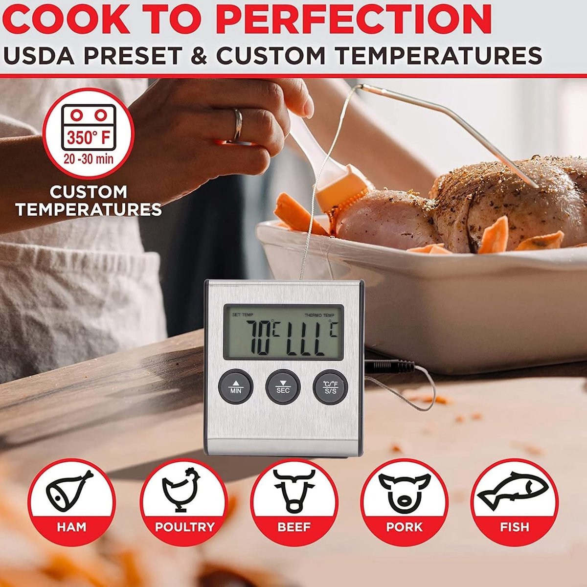 Digitale Vleesthermometer - Zwart - Compact - Met Voedseltemperatuursensor en Timer - Voor Koken en Grillen