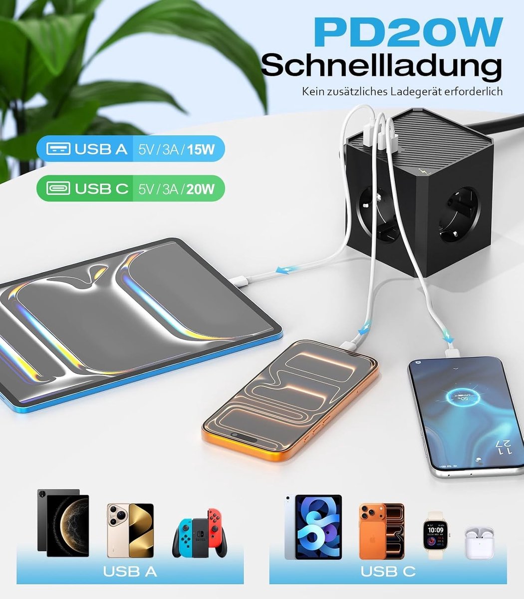 Stekkerdoos met Magneet Pad - Zwart - 1,5 m - 6-in-1 Stekkerkubus met 3 Stopcontacten en 3 USB-poorten - Voor Thuis en Kantoor