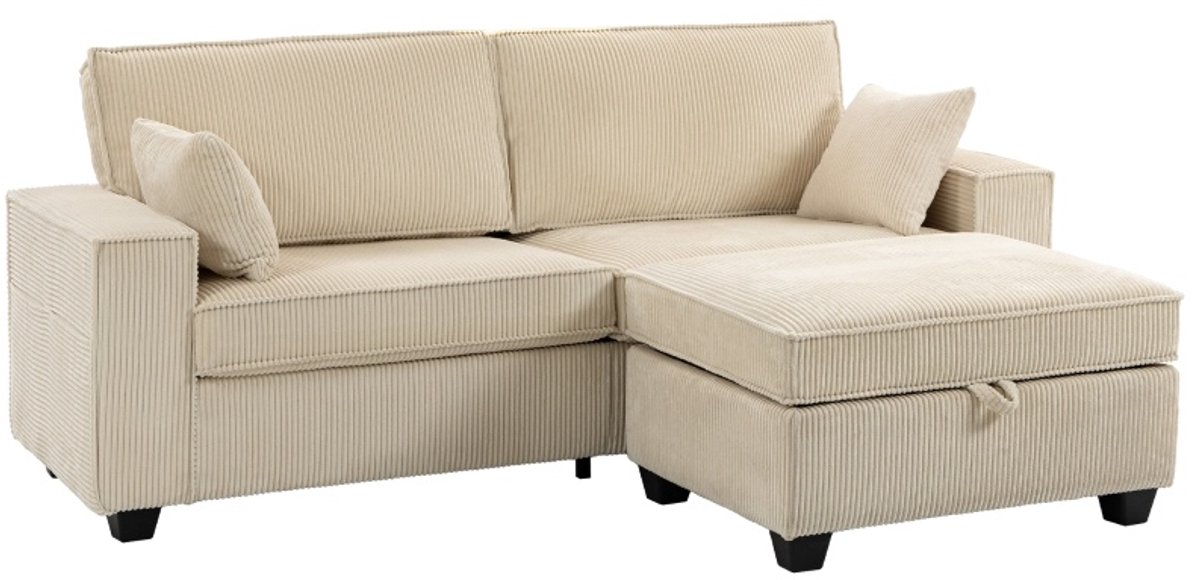 MIVRAY Hoekbank 3-Zits 216 X 151 X 94 Cm - L-Vorm Met Opbergruimte En 2 Kussens - Voor Woonkamer - Ribstof Beige