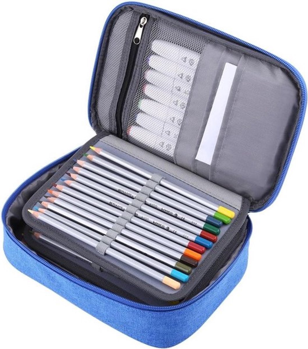 Grote Opvouwbare Pennenhouder met 72 Compartimenten, Ideaal voor Studenten, Tieners en Kunstenaars, 24 x 18 x 6.5 cm, Blauw