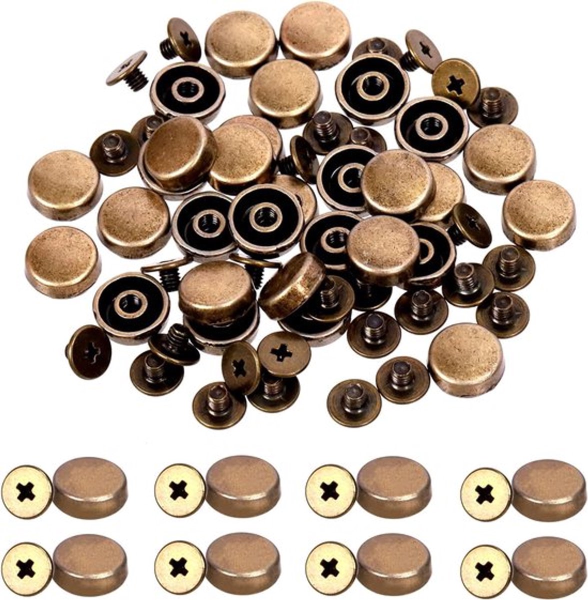 32-delige set schroefachter-rivets in brons, platte kop, voor handtassen, leerbewerking en DIY-projecten