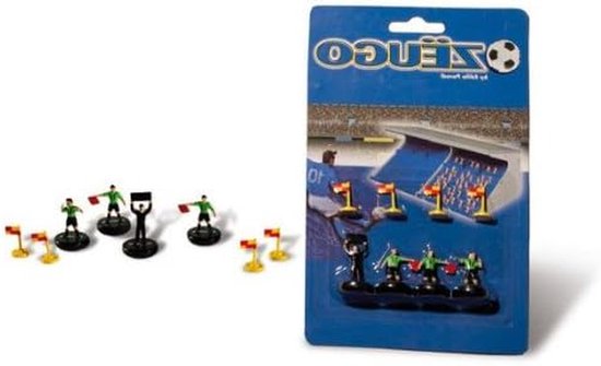 Zëugo scheidsrechtersset met vier miniatuurfiguren en vlaggen op zwarte voetjes in blauwe blisterverpakking.