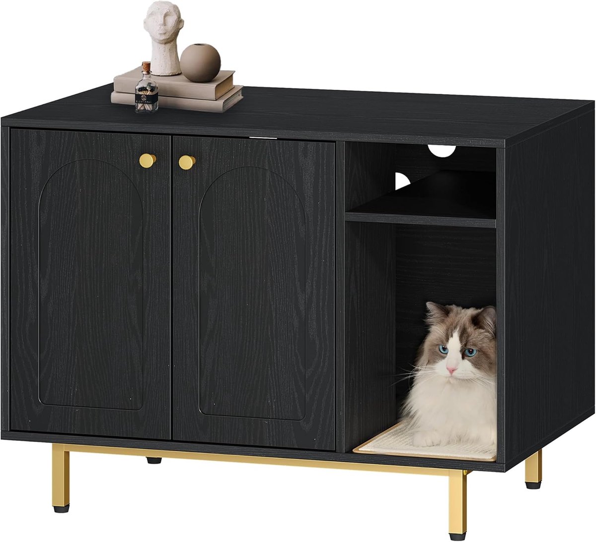 Hzuaneri Kattenkast, 80 x 50 x 61 cm, Kattenbakkast, Zwart en Goud, Kattenhuis met Deur en Aparte Scheidingswand, Stevige Kattenkast, Bankje, Zwart en Goud