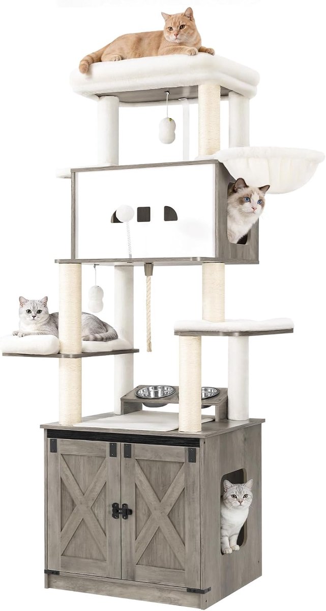 Hzuaneri krabpaal met kattenbak, 173 cm hoog, grijs, voerstation met groot platform, sisaltouw, hangmat, wasbaar kussen, pluche ballen, grijs