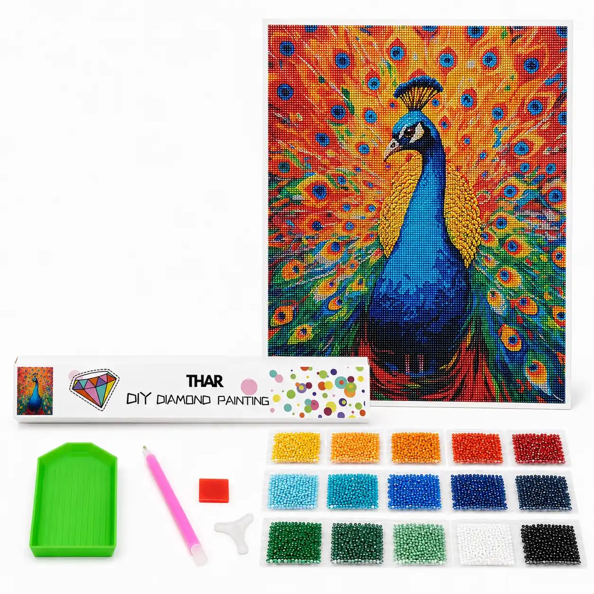 THAR Diamond Painting Kleurrijke Pauw - 40x50 cm - Ronde Steentjes